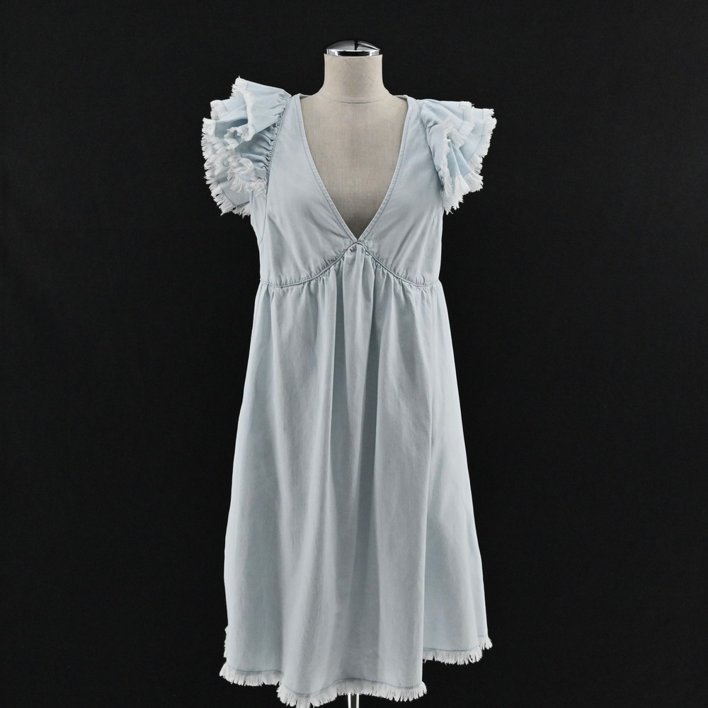 Twinset Actitude Denim Dress Frayed Sleeves Size S Blue‎ Babydoll Ruffle Casual